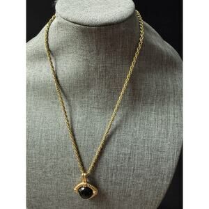 KJL Kenneth J Lane Cabochon Medallion Necklace Green Gold Tone Rope Chain Signed